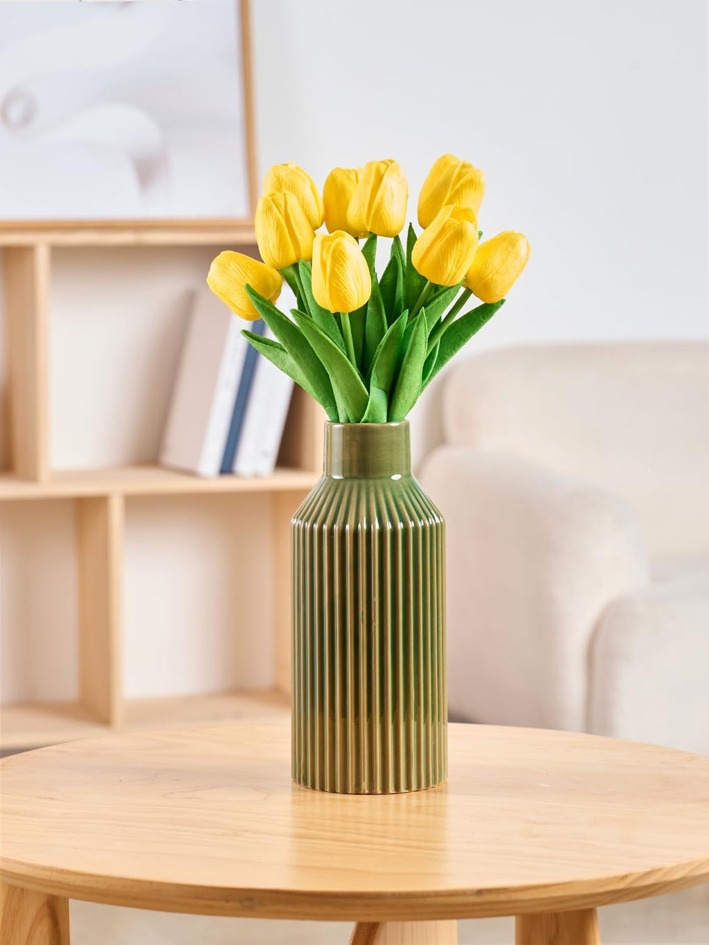 STHIE Green Ceramic Flower Vase, Minimalist Home Decoration, 8 Inch Small Pampas Grass Vases for Kitchen, Bedroom, Office, Living Room, Bathroom, Shelf Centerpiece Table
