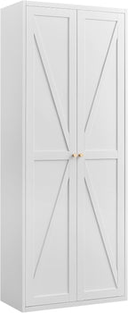 Kitchen Pantry Cabinet: Rustic White Steel Storage with Adjustable Shelves - Double Door Design for Small Apartments Kitchen Organization & Home Storage Solutions