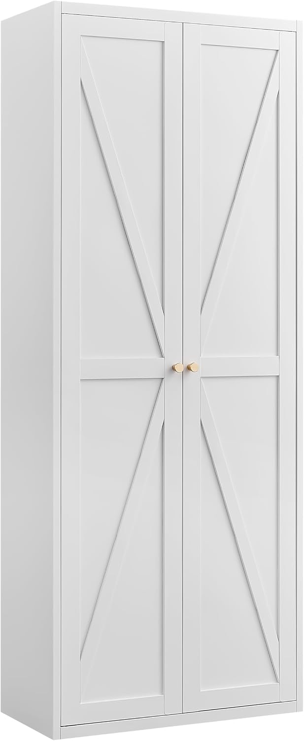 Kitchen Pantry Cabinet: Rustic White Steel Storage with Adjustable Shelves - Double Door Design for Small Apartments Kitchen Organization & Home Storage Solutions