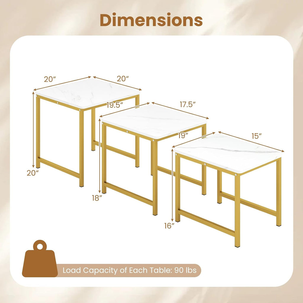 Giantex Nesting Coffee Table Set of 3, Small Center Tables, White | Faux Marble Coffee Table with Metal Frame, Space-Saving Stacking End Table for Small Space