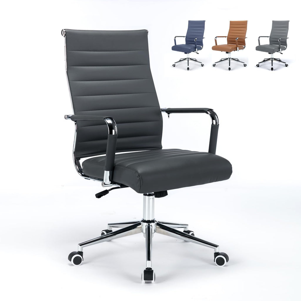 Office Desk Chair Leather, Conference Room Chairs with Wheels, Executive Modern High Back Ergonomic Swivel Rolling Ribbed Computer Chair