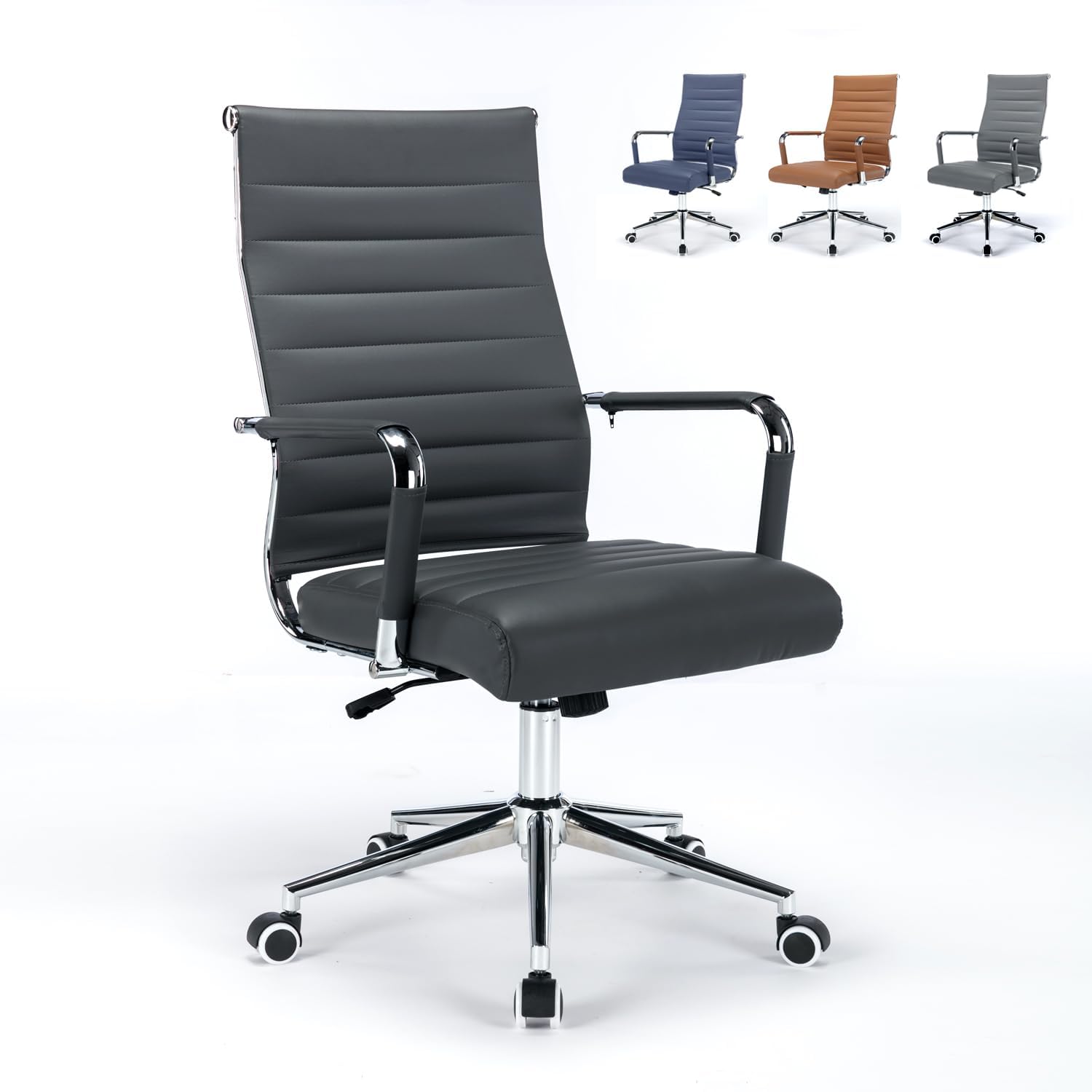 Office Desk Chair Leather, Conference Room Chairs with Wheels, Executive Modern High Back Ergonomic Swivel Rolling Ribbed Computer Chair