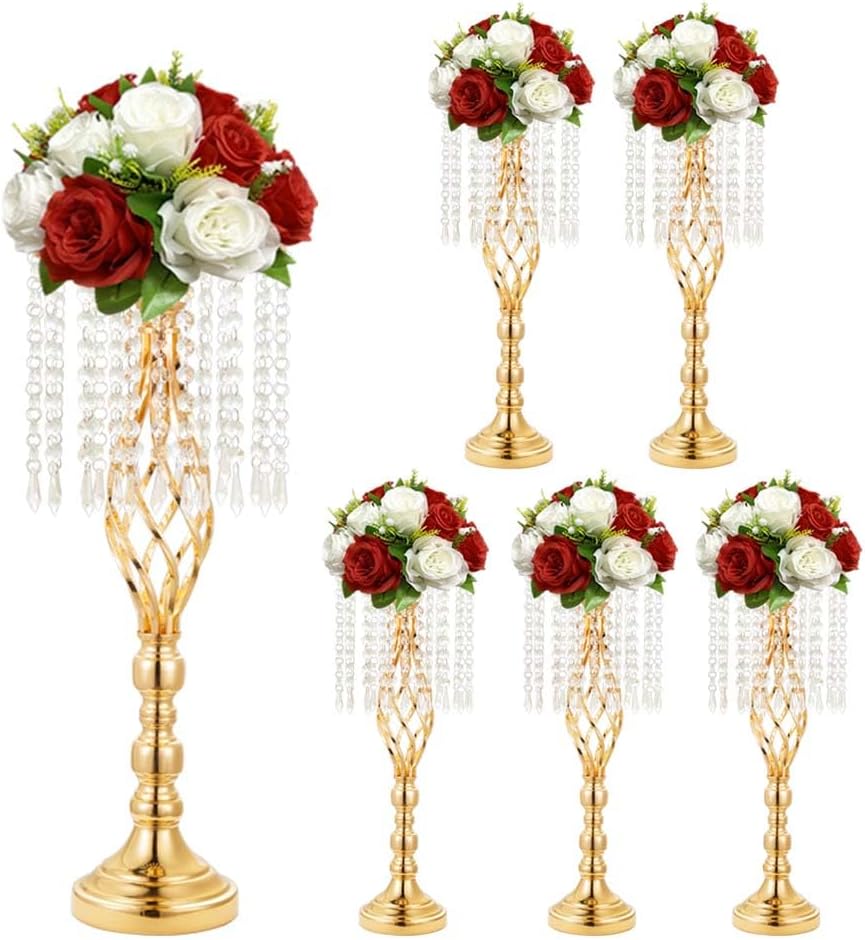 6 pcs 21.65 Inch Wedding Gold Flower Centerpieces Crystal Metal Flower Vase Wedding Centerpieces for Tables Decorations