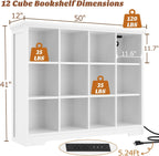 Aheaplus Wooden 12-Cube Storage Organizer with Charging Ports, Modern Cube Bookcase with Base, 4-Tier Floor Standing Open Cubbies Bookshelf, Cubicle Display Shelf for Home and Office, White