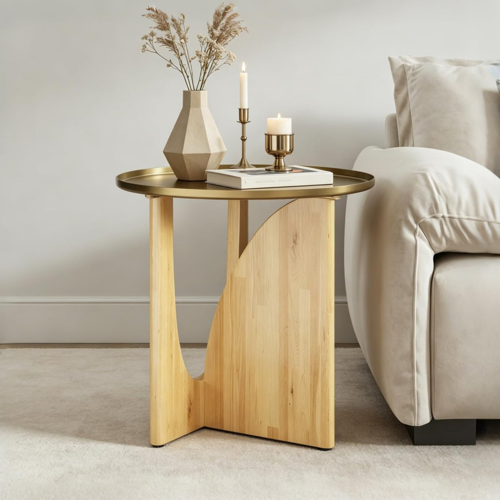 ACEDÉCOR Round Side Table, Solid Wood End Table with Brushed Gold Metal Tray Top, Modern Side Table for Living Room Bedroom Small Space