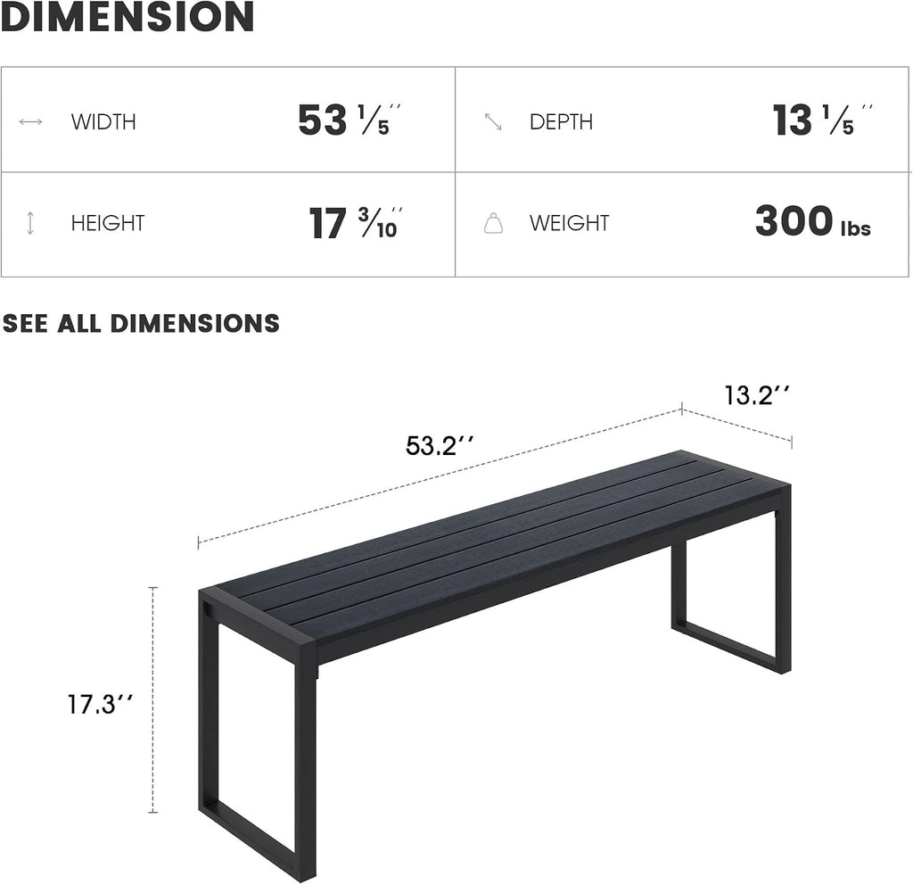 Outdoor Patio Backless Bench Set of 2, 53.2" All-Weather Long Metal Garden Bench Seat for Backyard, Porch,Lawn, Black