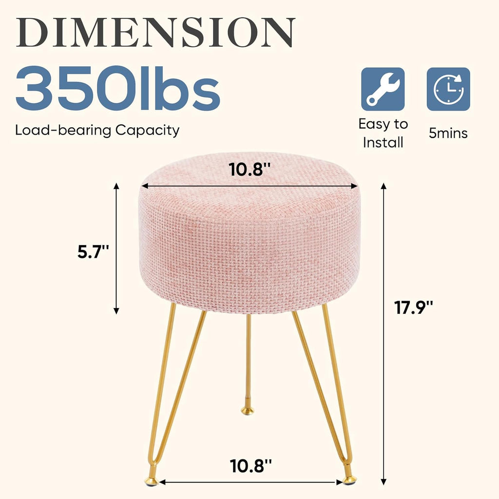 DUMOS Velvet Vanity Stool, 350LBS Heavy-Duty Makeup Stool with 4CM Thick Cushion, Round Ottoman Footrest Chair for Bedroom, Bathroom, Dressing Table, Easy-Clean Soft Fabric, Pink