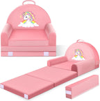 Unicorn Kids Sofa Bed with Removable Washable Cover & Hook and Loop Backrest – Foldable Toddler Chair, Cozy Crystal Velvet Furniture for Playtime, Naps & Travel (Pink, Unicorn Design)