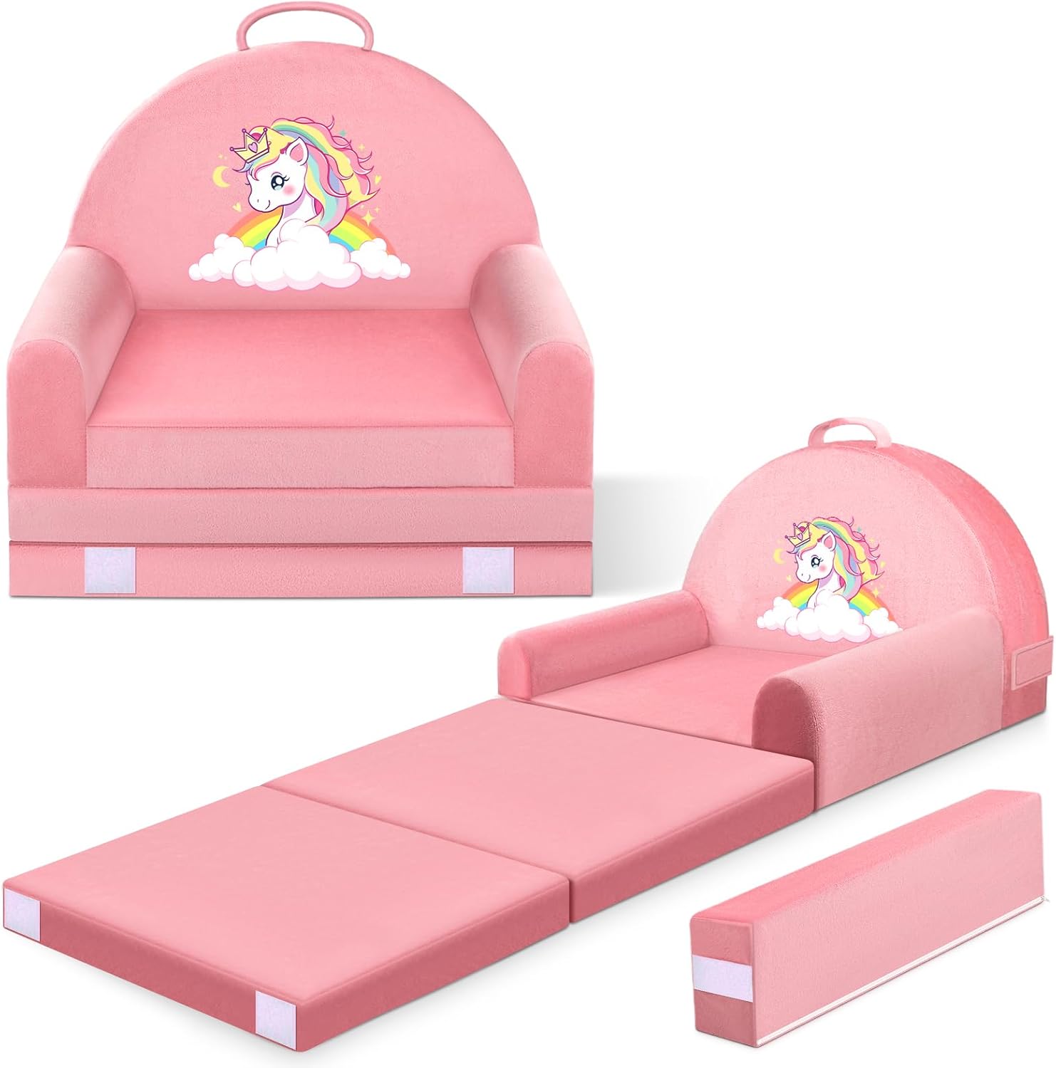 Unicorn Kids Sofa Bed with Removable Washable Cover & Hook and Loop Backrest – Foldable Toddler Chair, Cozy Crystal Velvet Furniture for Playtime, Naps & Travel (Pink, Unicorn Design)