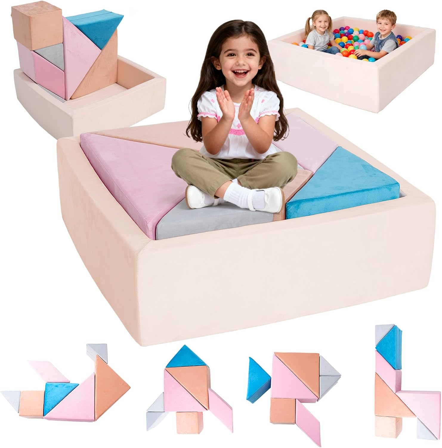 Tangram Puzzles Modular Kids Play Couch Building Fort, Children Explorer Sofa with Ball Pit, Kids playroom Convertible Furniture for Inspiring Child Creativity, Made Entirely of Sponge (Pink Series)