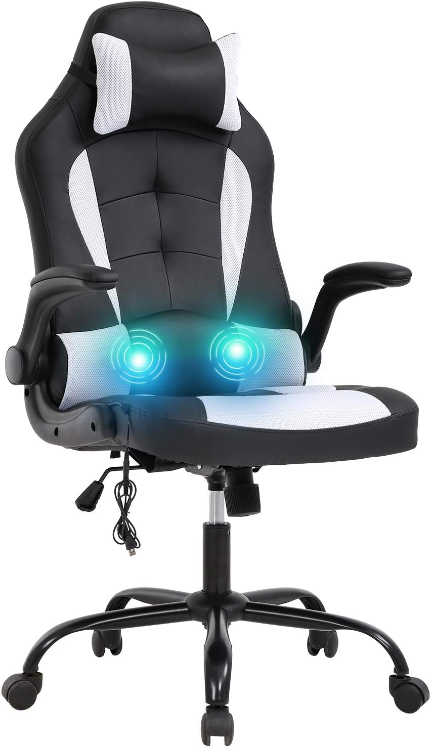 Vnewone Computer Gaming Chair Office PC Ergonomic Executive Desk Racing Rolling Swivel Task PU Leather with Lumbar Support Headrest Adjustable Armrest Massager, White