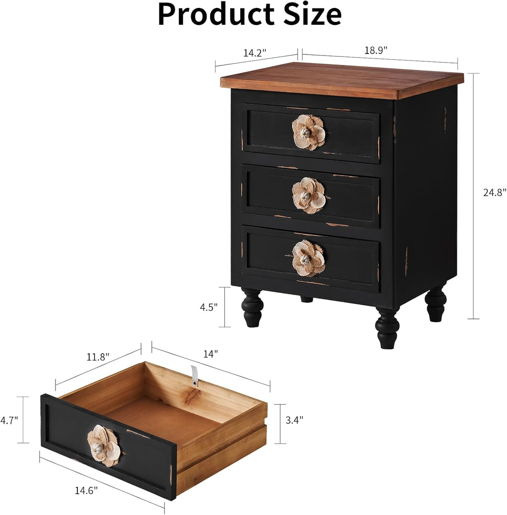 American Country Retro Style Side Table Cabinet, Classic Solid Wood Bedroom Bedside Table, Equipped with Three Drawers, Handcrafted Floral Handles (Antique Black+Walnut)