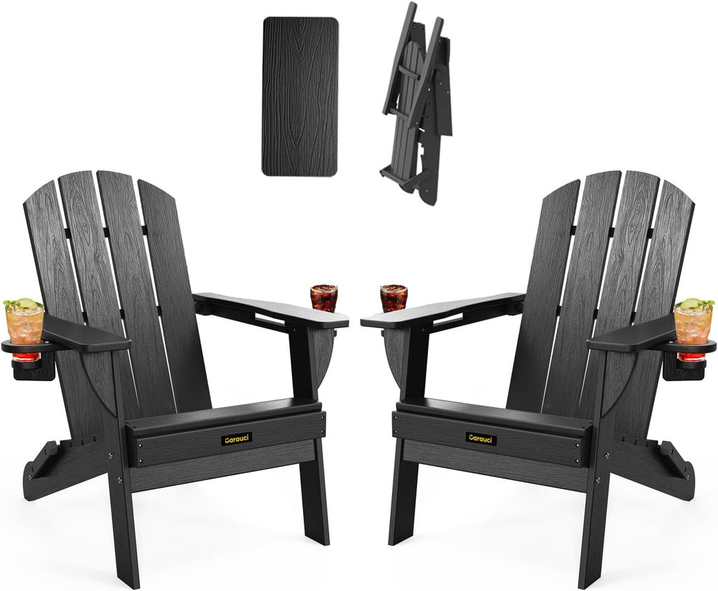 Folding Adirondack Chair Set of 2, Wooden Textured Plastic Adirondack Chairs with 2 Cup Holder, Weather Resistant HDPE Fire Pit Chair, Outdoor Patio Chairs for Garden, Backyard, Lawn, Deck, Black
