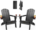 Folding Adirondack Chair Set of 2, Wooden Textured Plastic Adirondack Chairs with 2 Cup Holder, Weather Resistant HDPE Fire Pit Chair, Outdoor Patio Chairs for Garden, Backyard, Lawn, Deck, Black