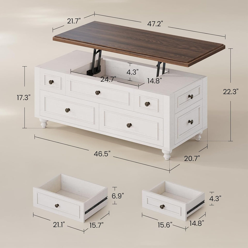 47.2" Lift Top Coffee Table with Storage, Farmhouse Coffee Table with Large Hidden Storage Compartment and 4 Drawers, Square Coffee Tables for Living Room, White