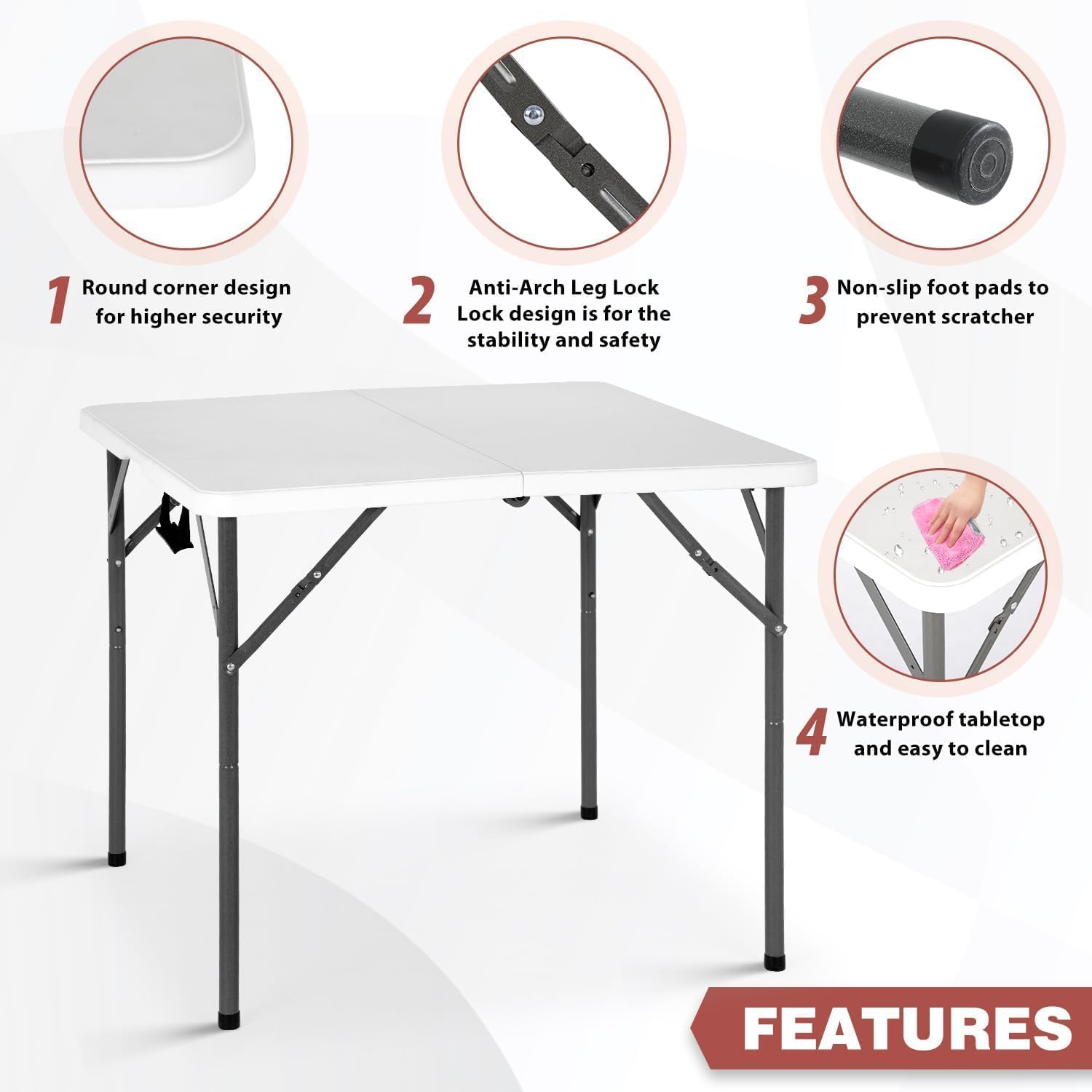 34" Square Folding Card Table, Fold-in-Half Utility Dining Portable Tables Heavy Duty HDPE Plastic Foldable Table with Carrying Handle Indoor Outdoor for Picnic, Camping, Party, White