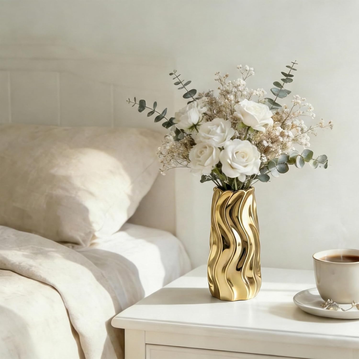 7.5" Gold Ceramic Vase - Minimalist Gold Flower Vase, Small Pampas Grass Vase, Boho Decorative Centerpiece Vase for Home Decor, Wedding, Housewarming, Table, Shelf, Mantel, and Entryway