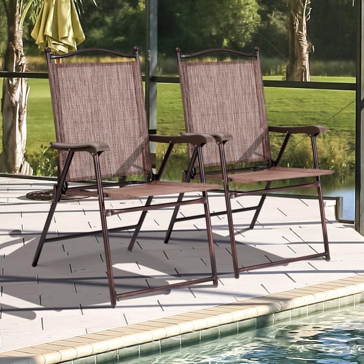 2-Pack Modern Folding Sling Back Deck Chairs in Brown Fabric with Steel Frame & Plastic Feet, 20x24x38in, for Patio Garden Backyard Camping
