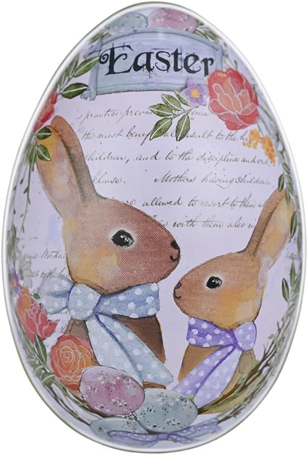Large Easter Egg Shaped Tin - 4.9" Vintage Bunny Metal Treat Box, Oversized Decorative Candy Container for Holiday Gifts & Egg Hunt