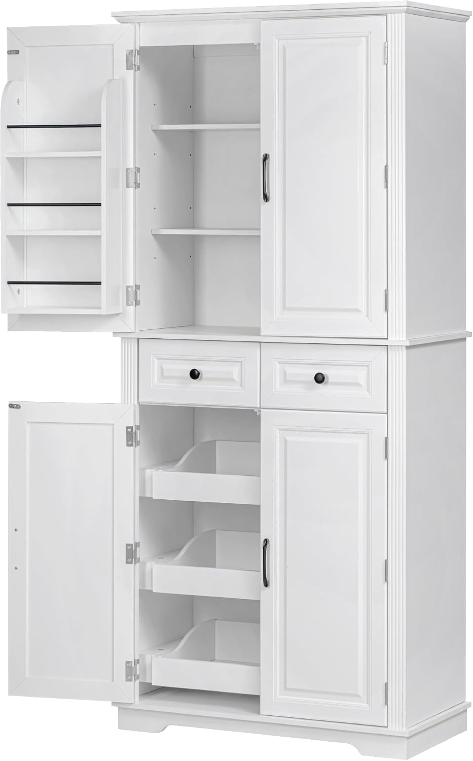 Kitchen Pantry with 3 Pull Out Cabinet Organizers, Farmhouse Freestanding Storage Cabinet with 6 Door Shelves and 2 Drawers for Kitchen, Dining Room (White)