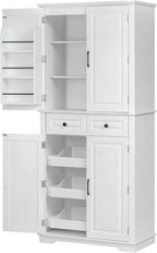 Kitchen Pantry with 3 Pull Out Cabinet Organizers, Farmhouse Freestanding Storage Cabinet with 6 Door Shelves and 2 Drawers for Kitchen, Dining Room (White)