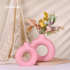 Pink Ceramic Vase Set of 2-2 Round Donut Vase, Modern Pink Vases for Centerpieces, Flower Vase for Decor, Apply to Living Room, Kitchen, Mantle, Bedroom, Dining Table, Office, Farmhouse