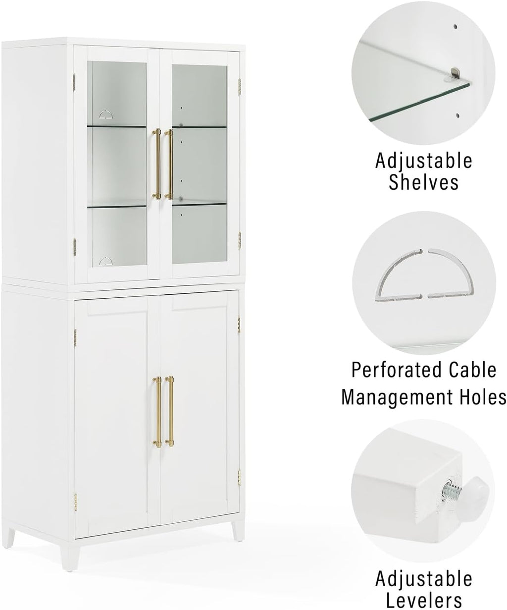 HomeStock Pantry Storage Cabinet with Glass Door - White Wood Kitchen Hutch & Shelves - 30" W x 15.75" D x 70.63" H