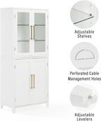 HomeStock Pantry Storage Cabinet with Glass Door - White Wood Kitchen Hutch & Shelves - 30" W x 15.75" D x 70.63" H