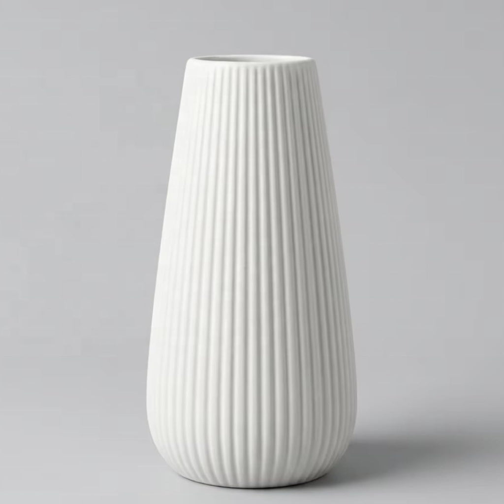 Luxury White Ceramic Vase, 8 Inch Modern Ribbed Fluted Design, Flower Vase for Home Decor, Cute Vase for Pampas Grass, Living Room, Dining Table, Farmhouse, Office, Bedroom, Kitchen Shelf