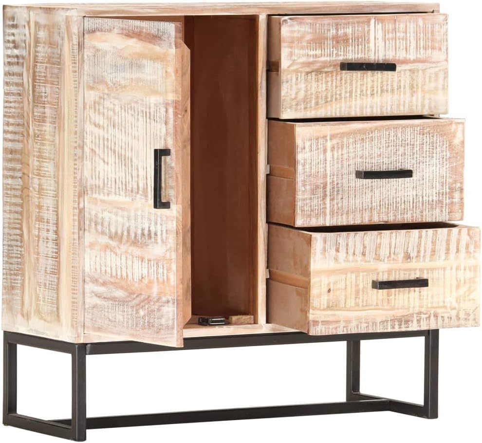 White Solid Acacia Wood Sideboard with Powder-Coated Steel Frame, 4 Storage Compartments for Living Room Dining Room Hallway Organization, Retro Style Furniture with Unique
