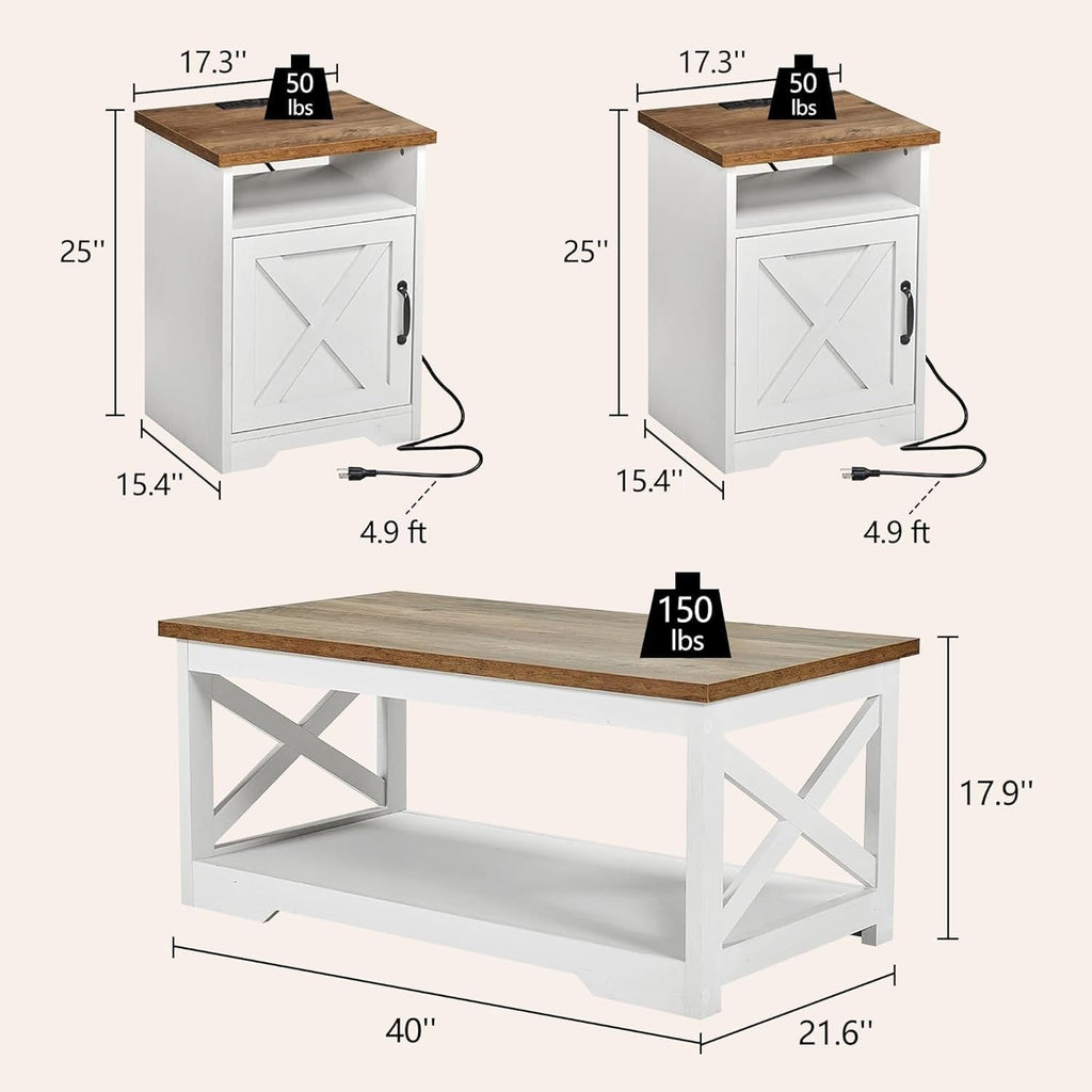 LUXOAK 3-Piece Farmhouse Living Room Table Sets, Includes 1 x Coffee Table, 2 x End Tables with Charging Station & USB Ports, Rustic Coffee Table Set of 3, Distressed White