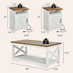 LUXOAK 3-Piece Farmhouse Living Room Table Sets, Includes 1 x Coffee Table, 2 x End Tables with Charging Station & USB Ports, Rustic Coffee Table Set of 3, Distressed White