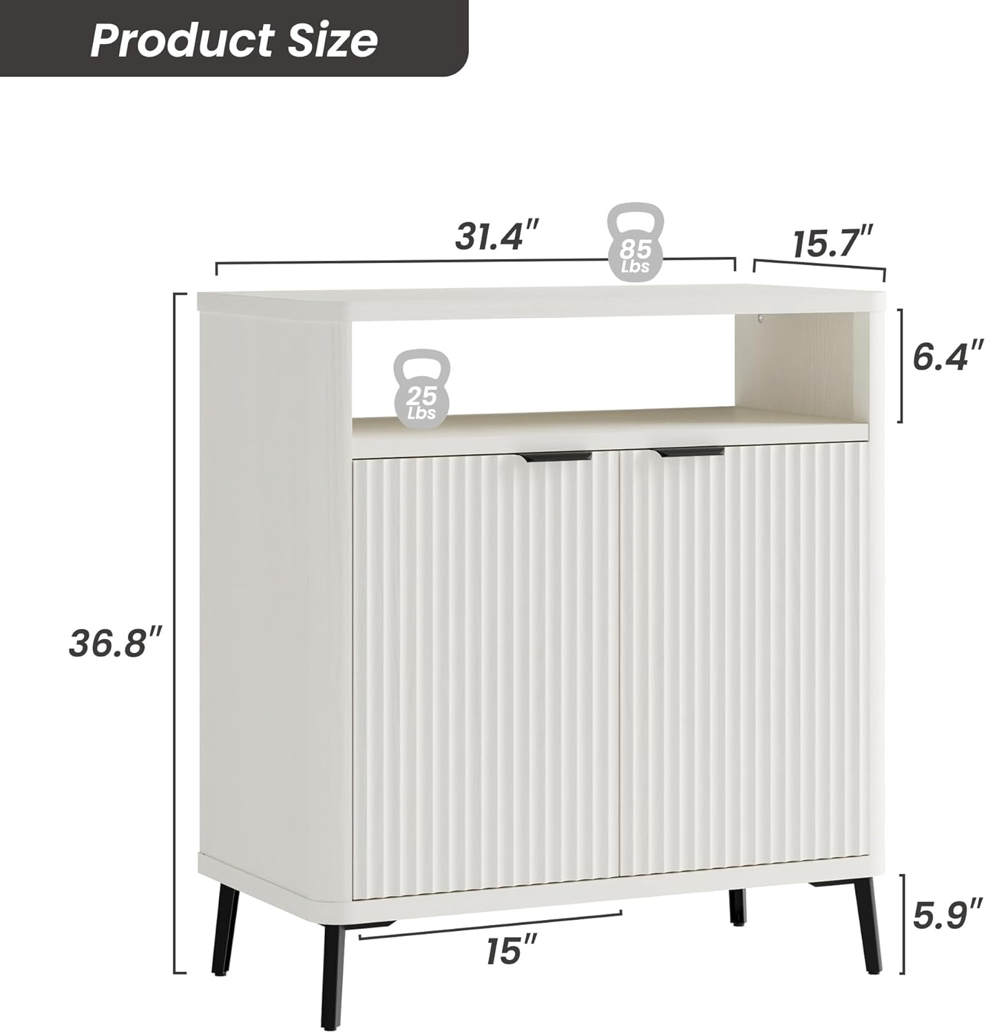 Fatmok 31.4" Fluted Buffet Cabinet with Storage – Modern Wood Sideboard Credenza with 2 Doors & Open Shelf, Coffee Bar Table for Living Room, Kitchen, or Dining Room, White