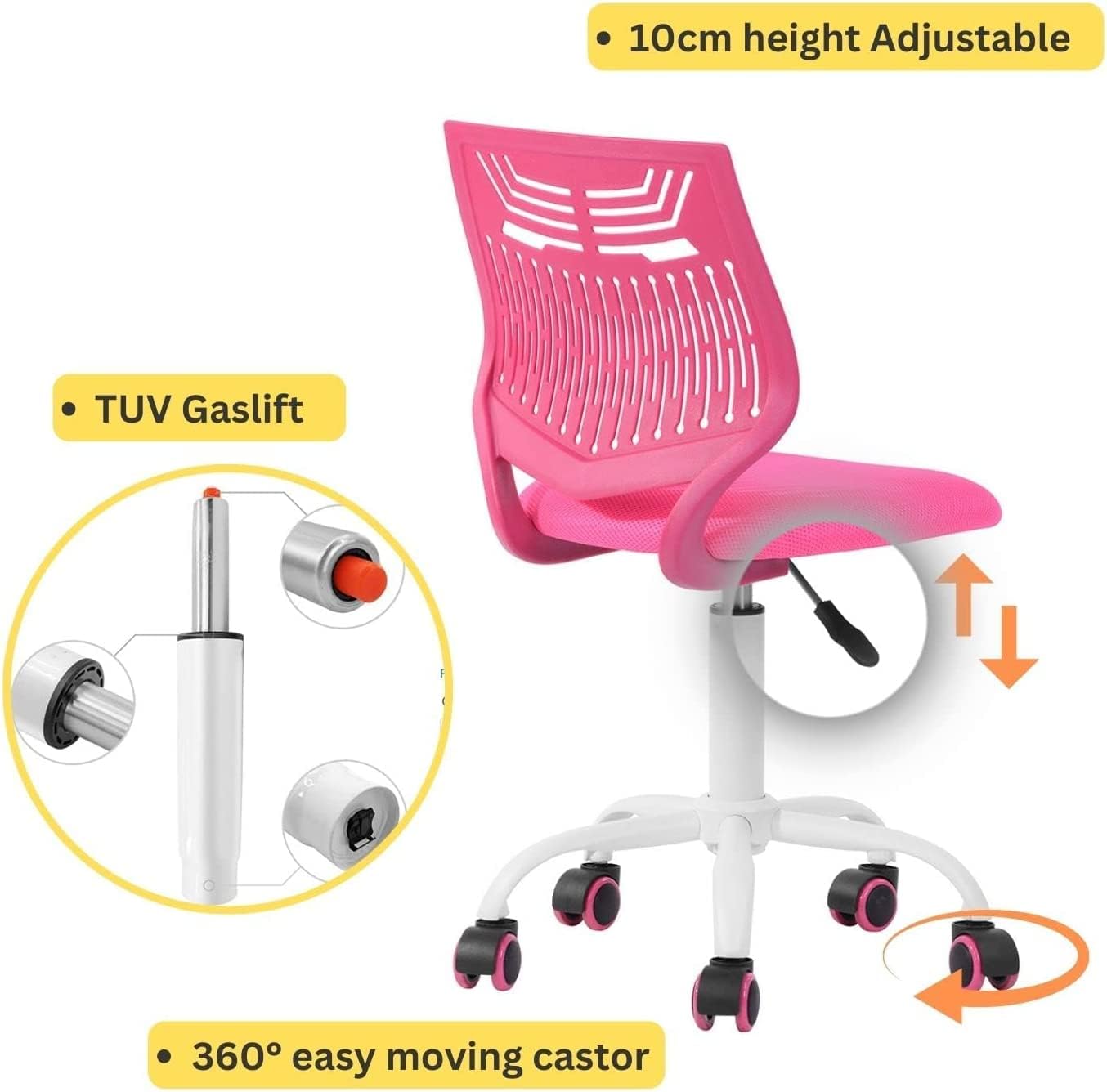 COZYCASA Task Chair for Teens Boys Girls 360 Slip Wheels Breathable Fabric Soft Pad Swivel Seat Ergonomics Backrest, Height Adjustable Liftup 29.5"-34.3" (Pink)