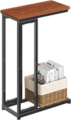Ekisemio C-Shaped End Table, Slide Under Sofa Side Table with Metal Frame, Rustic Brown for Living Room