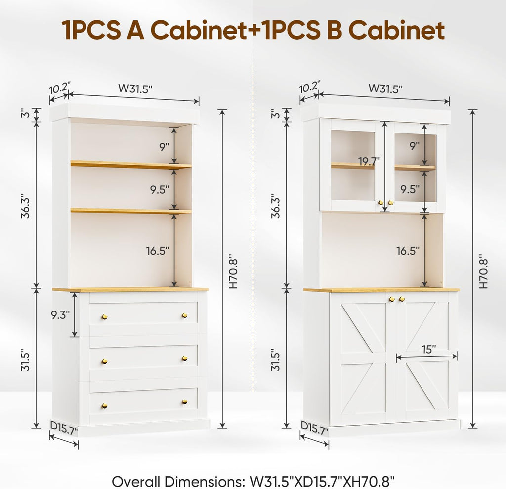71" Farmhouse Kitchen Pantry Cabinet,Freestanding Storage Hutch with Glass Doors, Drawers & Countertop, Microwave Stand & Coffee Bar, Adjustable Shelves,White 3pcs