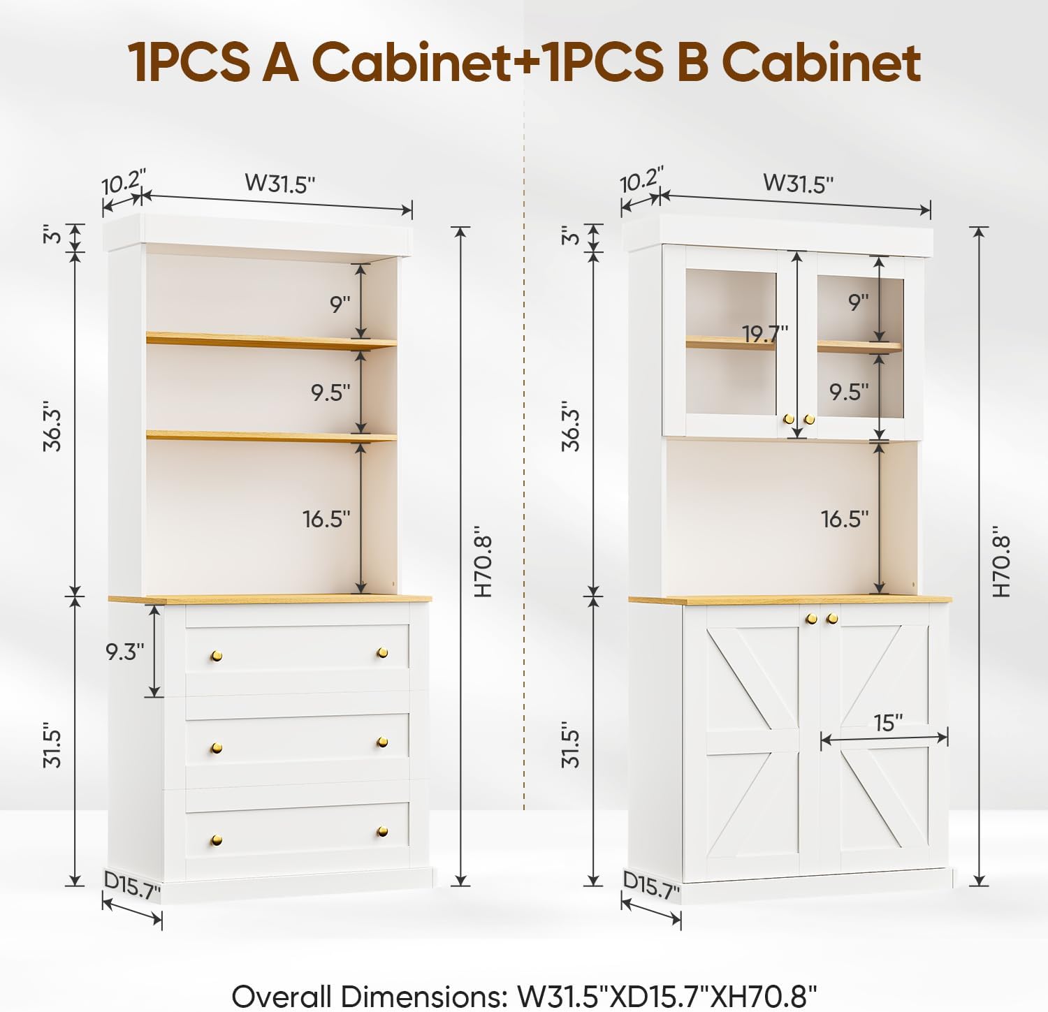 71" Farmhouse Kitchen Pantry Cabinet,Freestanding Storage Hutch with Glass Doors, Drawers & Countertop, Microwave Stand & Coffee Bar, Adjustable Shelves,White 3pcs