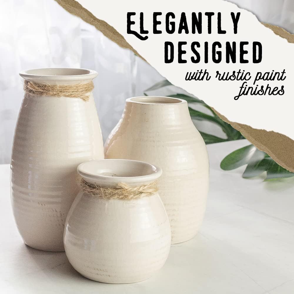 White Vases for Rustic Home Decor - Modern Farmhouse Ceramic Vase Set for Fireplace, Flowers, Living Room - Farmhouse Decorations for The Home, Set of 3