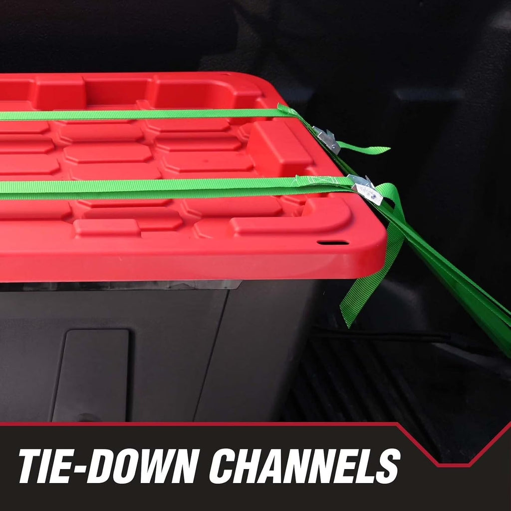 27-Gallon Heavy-Duty Plastic Storage Box with Snap-On Lid | Black and Red, Stackable Design, Locking Lid, 30.6 x 20.6 x 14.3 in, 6.6 lbs