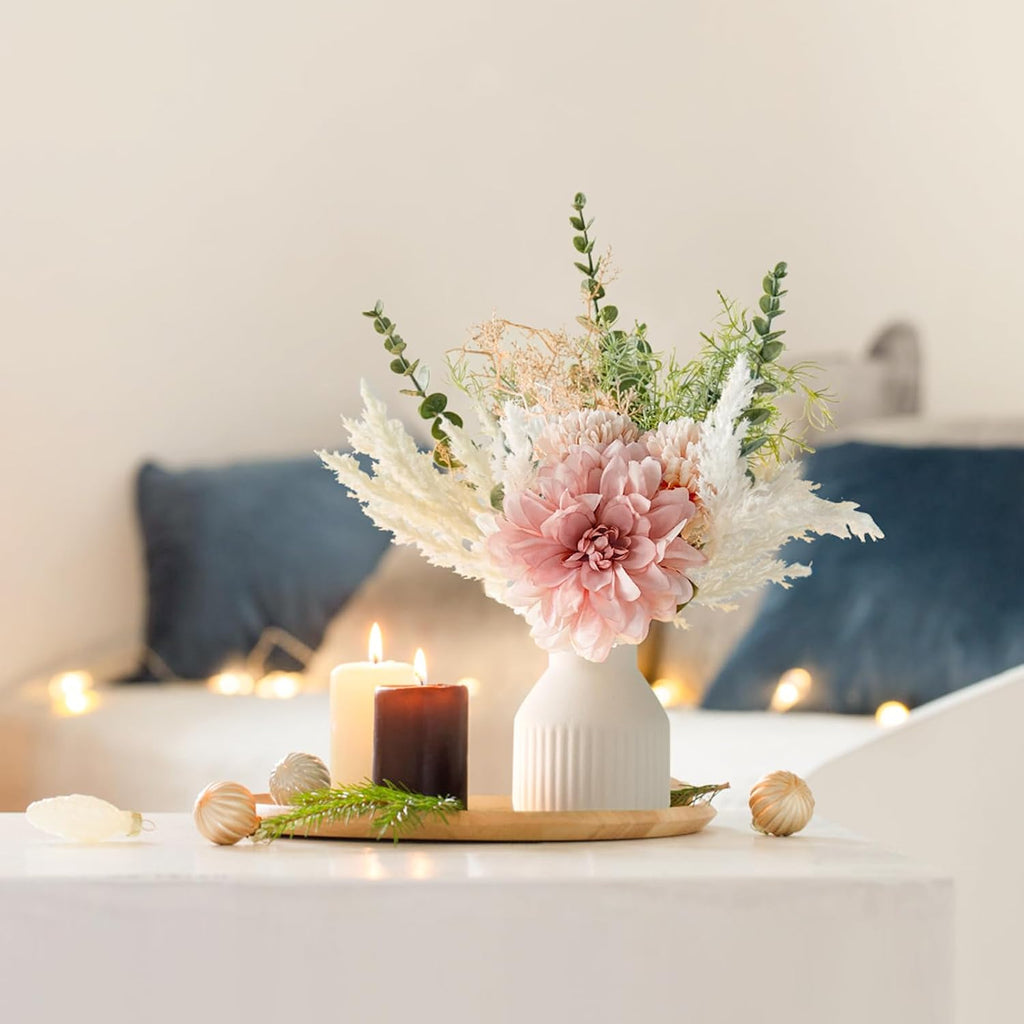 Mkono Small Artificial Flowers in Ceramic Vase 12.5" Centerpieces Coffee Table Decor, Silk Flower Arrangements for Home Decor Indoor Fake Flower Bouquet for Bathroom Dining Room Kitchen Wedding Pink