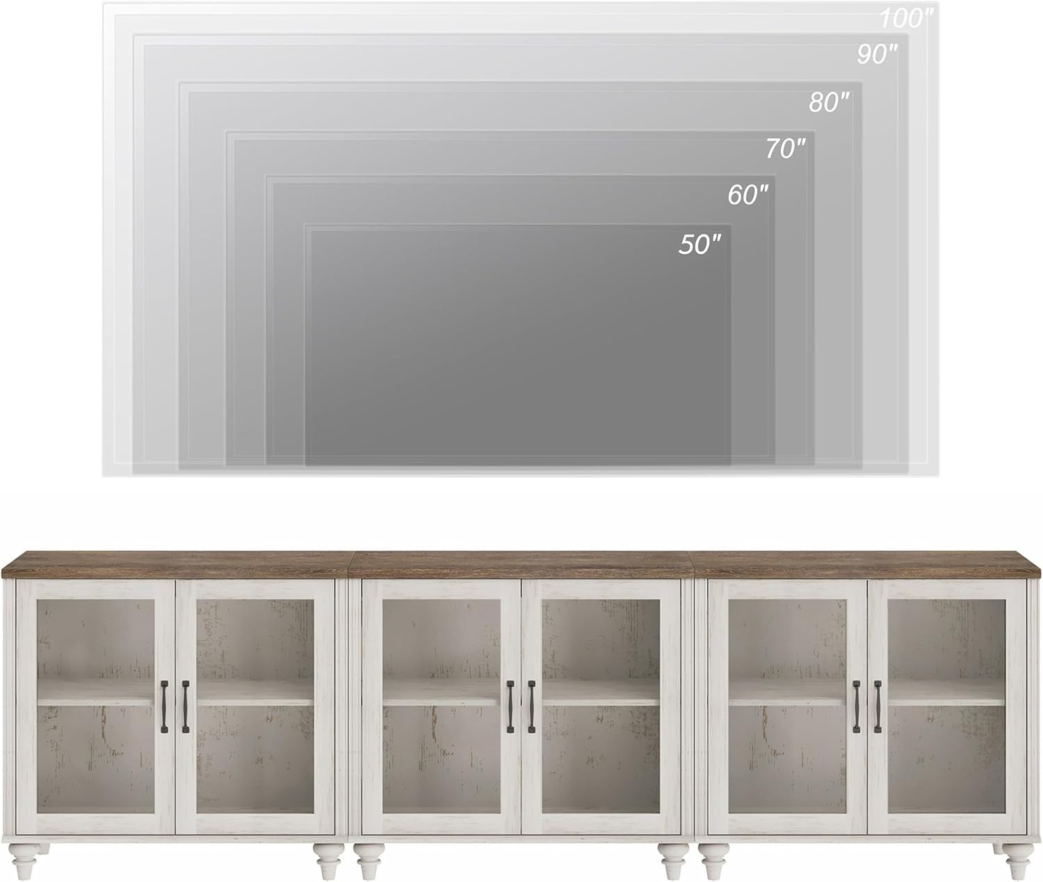 WAMAPT 101" Farmhouse Sideboard Credenza with 6 Glass Doors, Large Coffee Bar Table with Adjustable Shelf, Wood Kitchen Storage Cabinets, Modern Buffet Cabinet for Dining Room, Rustic White