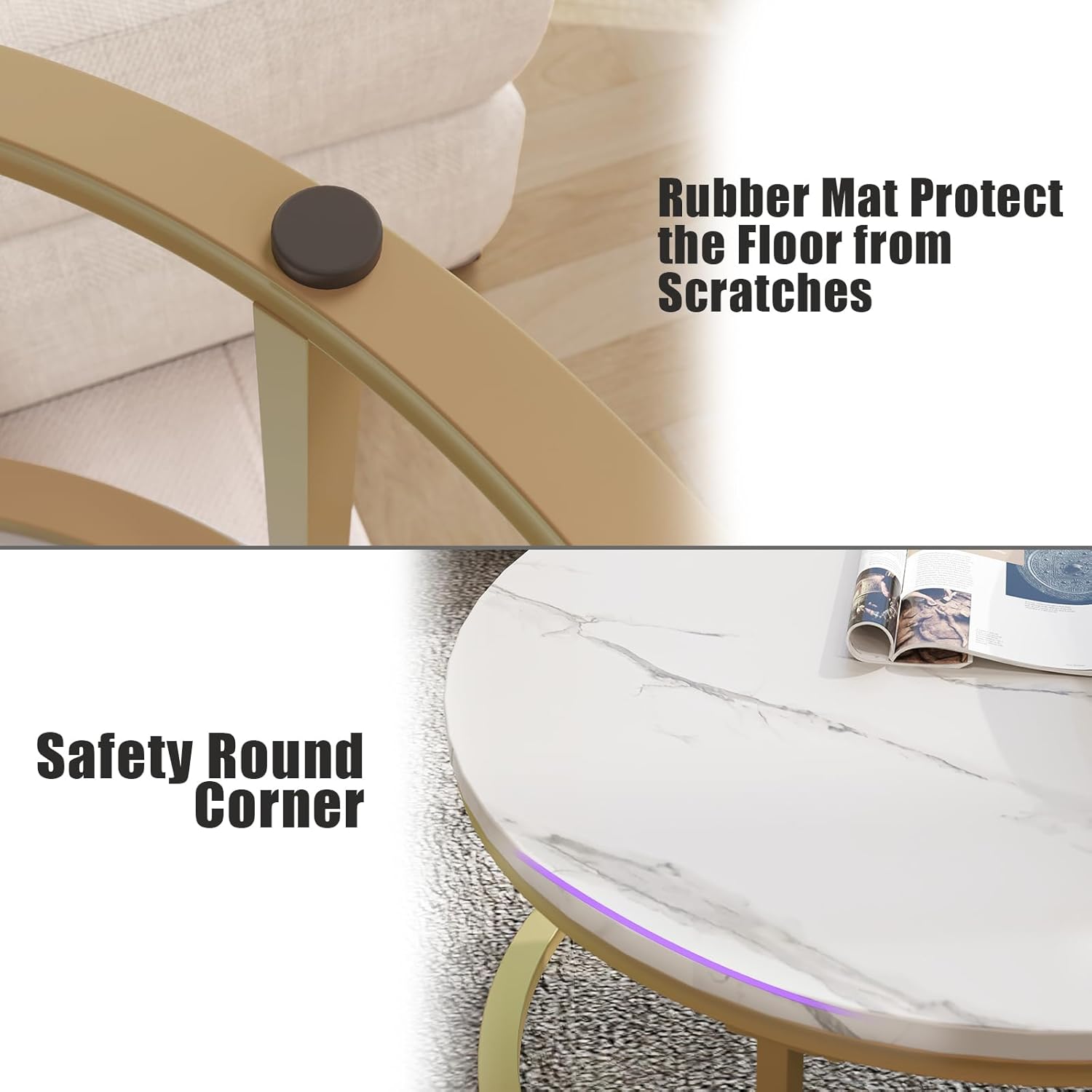 WiberWi Round Coffee Table Nesting Tables Set of 2, Large : Ø 34.0", Small : Ø 26.0", Modern Design Coffee Tables for Living Room, Gold Metal Frame Circle Cocktail Table, High Glossy Faux White Marble