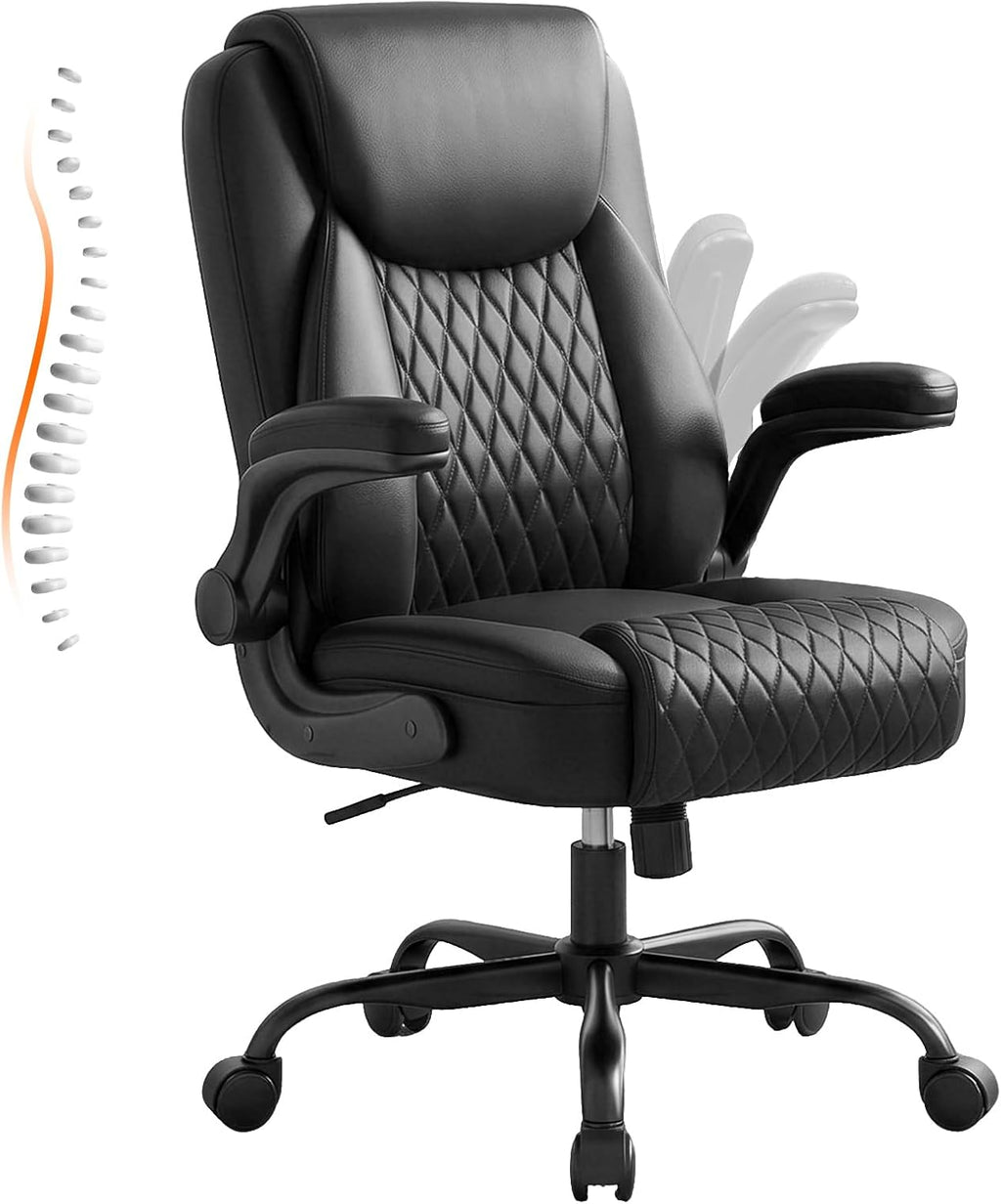 GTPLAYER Leather Office Chair, Home Desk Chair with Flip-up Arms and Ergonomic Back - Comfy Heavy Duty Executive Chair for Home Office Gaming, Black