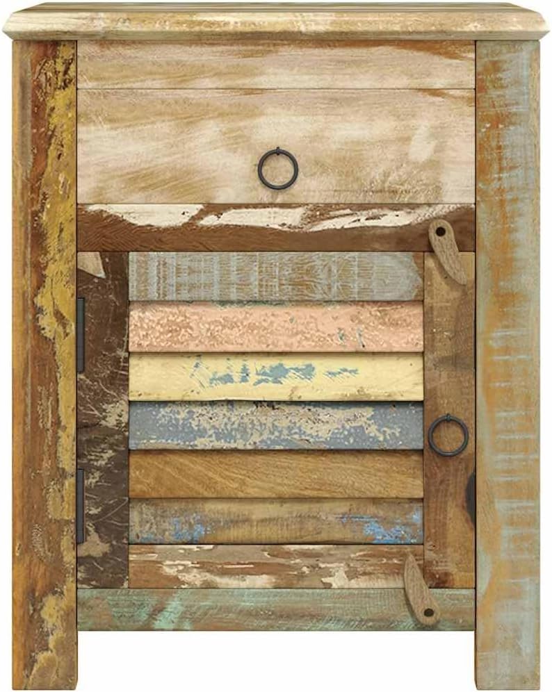 Antique Reclaimed Wood End Table with 1 Drawer and 1 Door, Rustic Nightstand for Living Room or Bedroom, Handmade Storage Cabinet with Vintage Style