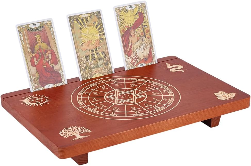 UNICRAFTALE Altar Table Wooden Small Altar Table 7.99x12 Inch Brown Meditation Table Engraved The Twelve Zodiac Rings Tree of Life Pattrns on Table Top for Room Decor Wiccan Supplies