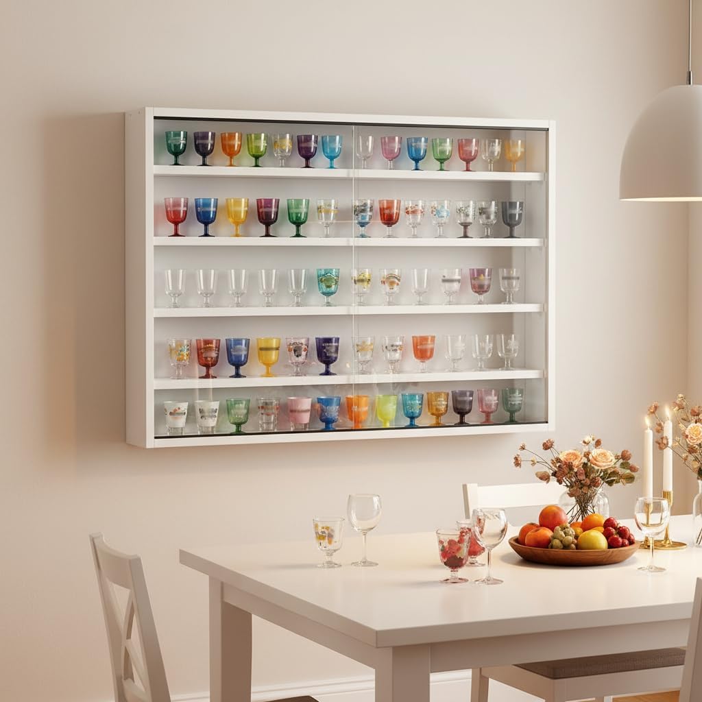 5-Tier Wall Mounted Shot Glass Display Case, No Assembly Required Wine Glass Display Cabinet with Glass Door & Adjustable Shelves, Bar Cabinet for Liquor Glasses, Bedroom Playroom, White