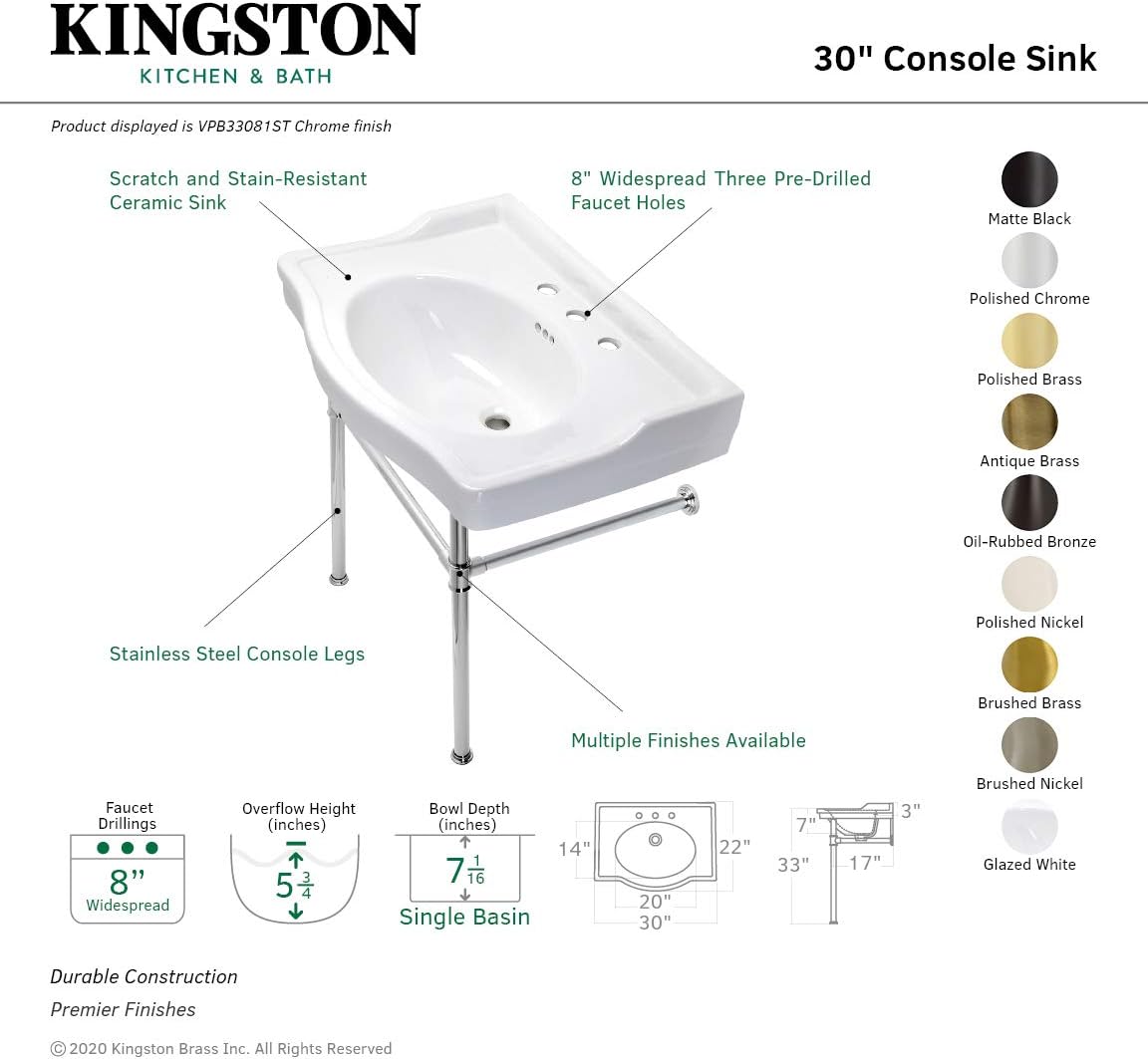 Kingston Brass VPB33086ST Victorian 30-Inch Console Sink with Stainless Steel Legs, Polished Nickel