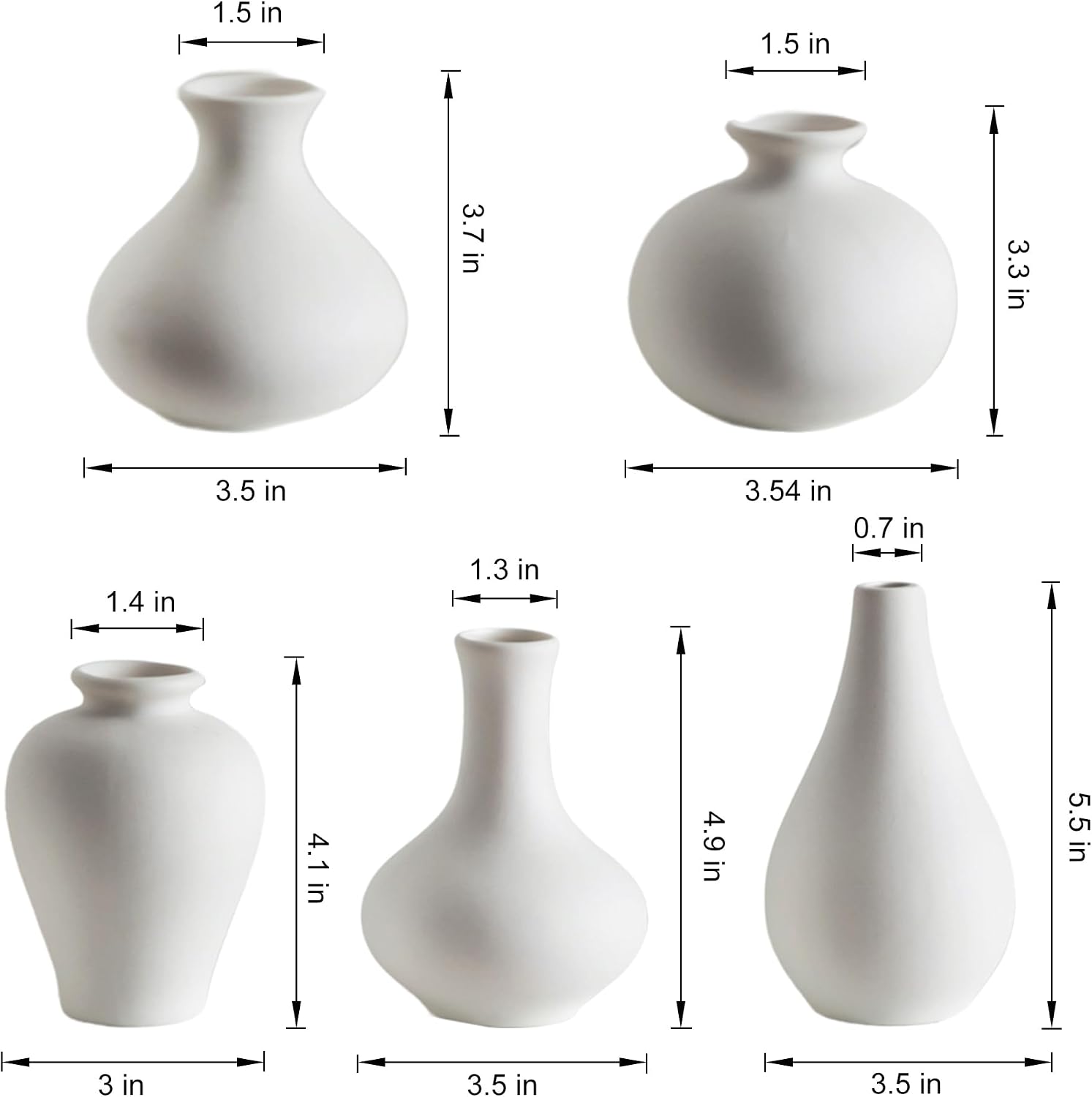 White Ceramic Bud Vase Set of 5, Mini Vases for Flowers, Decorative Small Vases for Home Decor, Boho Wedding Centerpieces, Living Room, Dining Table & Shelf Decor