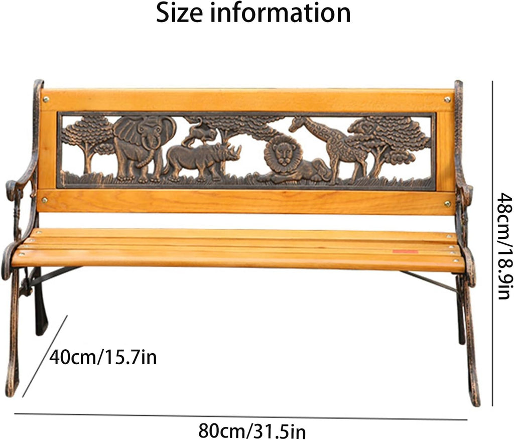 Kids Outdoor Garden Bench - 2-Person Wooden & Cast Iron Mini Bench with Animal Design Backrest & Armrests for Parks, Porches, Gardens, and Play Areas
