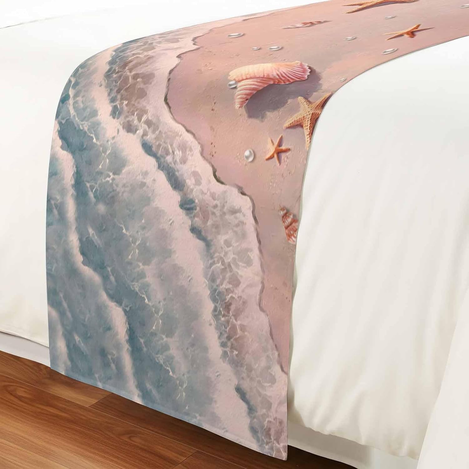 Summer Beaches Bed Runner for King Size Bed, 102"x20" Nautical Ocean Pink Wave Sea Nut Starfish Pearl Luxury Bed Runners & Scarves Decorative Bedding Scarf Protector Slipcover for Home Hotel